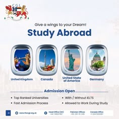 an advertisement for the study abroad program with pictures of different countries and their landmarks on them