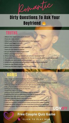 a poster with the words romantic, dirty questions to ask your boyfriend