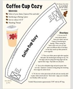 the coffee cup cozy sewing pattern is shown in this page, with instructions for how to make