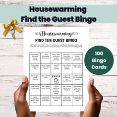 a hand holding up a game card with the words housewarming find the guest bingo