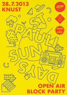 the poster for an open air block party, with various typograms on it