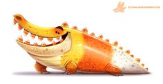 an orange and white alligator with its mouth open, sitting in front of a white background