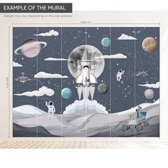 an image of a wall mural with space and planets on it, as well as the words example of the mural