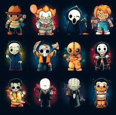 the halloween characters are all dressed up in different styles and colors, including pumpkins