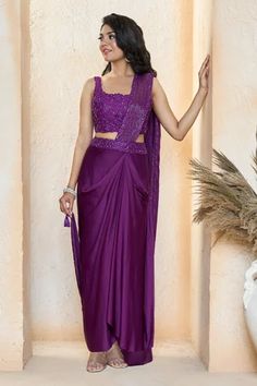 Shop for Ariyana Couture Purple Saree- Modal Satin Pre-draped Saree With Embroidered Blouse for Women Online at Aza Fashions Indian Lehangas, Drape Sarees, Dress Saree, Draped Saree, Purple Saree, Letters Design, Saree Gown, Padded Blouse, Drape Saree