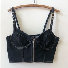 Brand: Say What? Features: Dark Denim Crop Top, Front Functional Zipper, Adjustable Straps, Some Stretch Fabric: 72% Cotton, 26% Polyester And 2% Elastane Size: L Flat Measurements (Approx.): 17 Inches Pit To Pit, 6.5 Inches Length, 14.5 Waist Condition: Nwot Same Or Next Day Shipping. We Do Not Model Items But Measurements Are Available. Keep In Mind: *Limited To Using Only Usps When Shipping From Hawaii* *Item(S) Sitting In Storage* *Smoke And Pet Free Home* *Discounts On Bundles And Save On S Black Denim Top For Summer, Summer Denim Tops With Zipper Closure, Denim Zipper Closure Top For Summer, Trendy Dark Wash Crop Top, Denim Blue Cotton Tops For Night Out, Summer Denim Top With Zipper Closure, Trendy Denim Tops With Zipper Closure, Summer Black Denim Top, Dark Wash Cropped Denim Tops