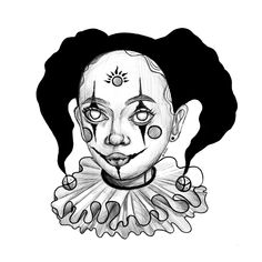 a black and white drawing of a clown's face with circles on her nose