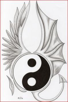 a drawing of a dragon with a yin sign on it's chest and wings