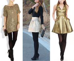 All the Best Color Shoes to Wear with a Gold Dress | ShoeTease Sequin Dress With Boots, Gold Dress Outfits, Gold Sequence Dress, Gold Velvet Dress, Gold Dress Short, White Boots Outfit, Black Leggings Style