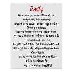 a poem written in red and black on white paper with the words family above it