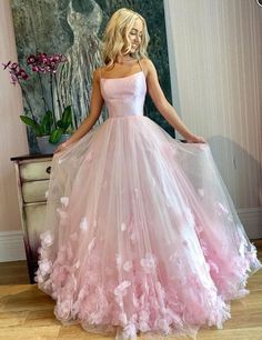 Light Pink A Line Prom Dresses,Evening Dresses Pink Tulle Evening Dress, 3d Applique, Pink Spaghetti, Prom Dresses Long Pink, Prom Dresses Elegant, Maxi Dress Wedding Guest, Pink Evening Dress, 파티 드레스, Spaghetti Strap Prom Dress