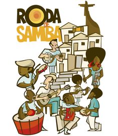 a group of people standing around each other in front of a white building with the words roda de samba on it