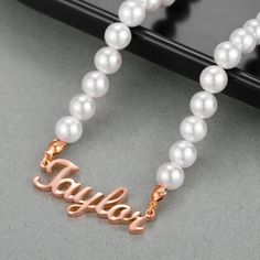 Rose Gold Custom Made Name Necklace Shine Name Necklace Made On Request Personalized Jewelry For Casual Use Best Quality Custom Jewelry For Women Jewelry Pearl, Custom Pendants, Necklace Pearl, Stainless Steel Pendant, Custom Jewelry Design, Freshwater Pearl Necklaces