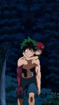 an anime character with no shirt on walking in the woods at night, holding onto another person's chest