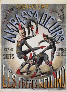 an old concert poster for the band les treres kellino, with three men dancing