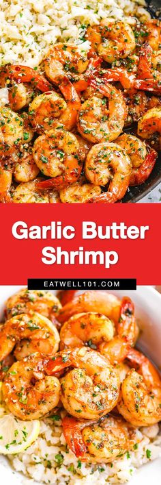 garlic butter shrimp is served over rice and garnished with parsley on the side