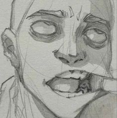 a pencil drawing of a woman with her mouth open and tongue hanging out to the side