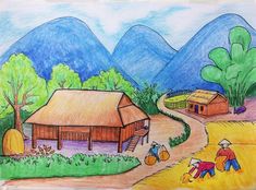 a drawing of a village with mountains in the background and people working on the land