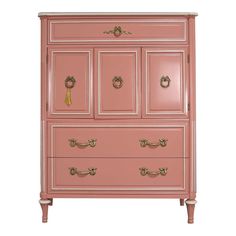 a pink dresser with gold handles and knobs on the doors is shown in front of a white background