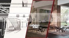 the interior of a modern house with stairs and tables in it, as well as an advertisement for catena italia