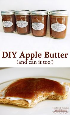 four jars of homemade apple butter on a white plate with the words diy apple butter and can it too