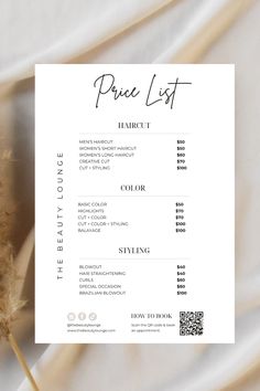 the price list is displayed on top of a white sheet with dried flowers in it