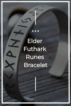 a silver bracelet with the words elder futhark runs braclet