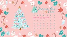 a december calendar with christmas trees and candy canes around it on a pink background