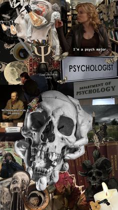 a collage of photos with skulls and books