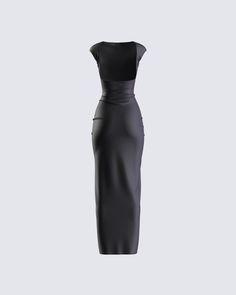 This black dress is the epitome of fierce elegance 🖤 Crafted from a jersey fabric complete with cap sleeves, a boat neck, and a sext low open back - This isn't just a dress; it's a statement that you're here to dominate every room you walk into 😏 Dresses For A Party Night, Dress Backs Design, Black Assymetrical Dress, Low Back Dress Casual, Boat Neck Dresses, Black Dress With Open Back, Black Open Back Dress, Backless Black Dress, Open Back Black Dress