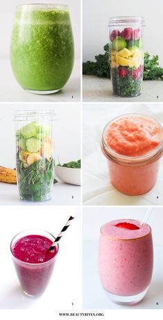 four different shots of smoothies and juices