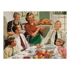 a painting of a family sitting around a dinner table with a turkey on the platter