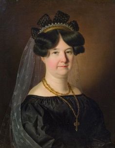 an old painting of a woman wearing a black dress with a veil on her head