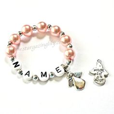 Newborn Keepsake Angel Baby Memory Bracelet Personalized Name Bracelet Pink Pearl Children's Infant Personalized Pink Jewelry For Christmas, Custom Name Pink Charm Bracelet, Customizable Pink Charm Bracelet As Gift, Customizable Adjustable Pink Charm Bracelet, Adjustable Customizable Pink Charm Bracelet, Adjustable Pink Charm Bracelet With Custom Name, Custom Name Pink Charm Bracelet For Mother's Day, Personalized Bracelets As Mother's Day Gifts, Pink Adjustable Christmas Jewelry