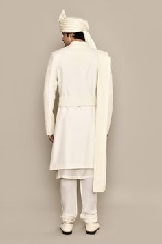 Ivory sherwani with thread, french knots embroidery in diamond pattern. Paired with kurta, churidar, dupatta and belt. Comes with safa, juttis, sevra and tanni. - Aza Fashions French Knots Embroidery, Ivory Sherwani, Knots Embroidery, Raw Silk Embroidery, French Knot Embroidery, French Knots, Silk Embroidery, Churidar, Raw Silk