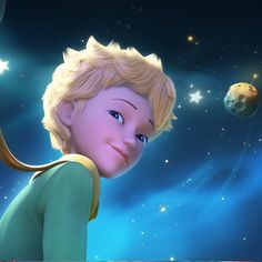 a young boy with blonde hair and blue eyes looking at the stars in the sky