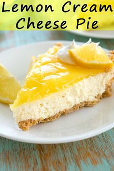 a slice of lemon cream cheese pie on a white plate with the title above it