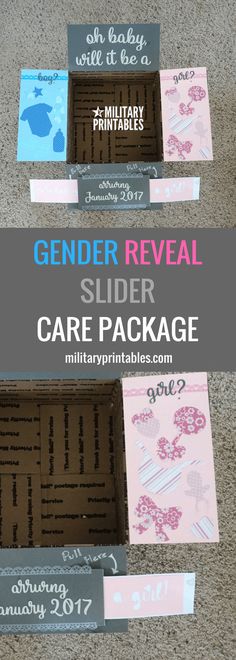 three cardboard boxes with the words gender reveal and sider care package written on them