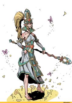 a drawing of a woman in armor holding a stick and wearing a hat with flowers on it