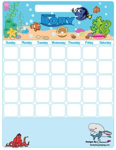 a blue and white calendar with an image of finding dory on the front cover