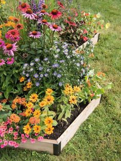 a garden filled with lots of colorful flowers on top of green grass next to a wooden planter