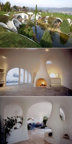 two different views of the inside and outside of a house with an indoor fireplace in it