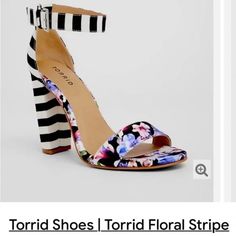 Torrid 4 Inch High Printed Two Strap Tapered Heel Size 10w - Brand New Never Worn Floral Toes And Bases, Black And White Striped Heels, Backs, And Straps Fabric Upper, Fabric Coated Sole Questions? Leave A Comment Below! Plus Size Shoes, Heel Sandals Outfit, Spring Heels, Full Midi Skirt, Wide Width Sandals, Heel Accessories, Addition Elle, Sandals Outfit, Wide Width Shoes