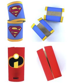 four different types of crafts made out of toilet paper and cardboard tubes with superman logos on them