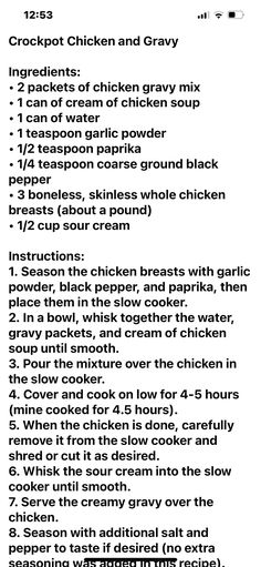 the recipe for crockpot chicken and gravy is shown in black ink