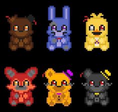 four pixel art animals with different colors and sizes