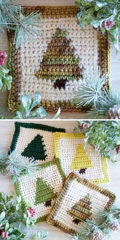 crocheted christmas tree coasters with pine cones and fir trees on them are shown