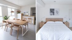 two pictures of a bedroom and dining room