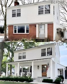 before and after photos of a white house with red brick on the front, from left to right