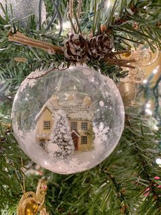 a glass ornament hanging from a christmas tree